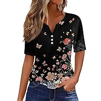Women's Fashion Casual Printed Button Round Neck Short Sleeve Top Basic Summer T-Shirt 2024