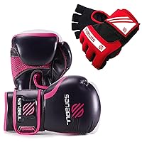Sanabul Gel Boxing Gloves (Black/Pink, 14oz) and Hand Wraps (Red/White, S/ML) | Pro-Tested Gear for Men and Women | Perfect for MMA, Muay Thai, Kickboxing, and Heavy Bag Work