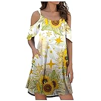 Summer Maxi Dresses for Women 2024 Plus Size,Women's New Floral Print Pocket Dress Sexy Off The Shoulder Middre