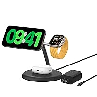 Belkin 3-in-1 Wireless Charging Stand with Magnetic MagSafe Compatible Qi2 15W, Fast Charging iPhone Charger for iPhone 15, 14, and 13 Series, AirPods, Apple Watch, & More (PSU Included) - Black