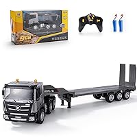 Remote Control Semi Truck Toys, 9 Channel RC Semi Truck with Trailer, Construction Vehicle Toy with Sound and Light, Birthday Gifts Ideas for Boys Kids, 1:24 Scale Flatbed Trucks (with Gift)