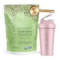 Truvani Vegan Matcha Protein Powder with Pink Shaker Cup & Scoop Bundle - 20g of Organic Plant Based Protein Powder - Includes Stainless Steel Shaker Cup & Durable Protein Metal Scoop