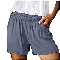 Womens Shorts with Pocket Summer Casual Shorts High Waist Cotton Linen Lightweight Adjustable Elastic Drawstring Beach Shorts