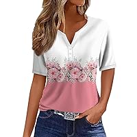 Short Sleeve Shirts for Women Summer Clothes for Women Short Sleeve V Neck 2024 Summer Casual T Shirt Tee Fashion Novelty Print Button Blouses Basic Pullover 38-Pink XX-Large