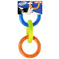 Nerf Dog Rubber 3-Ring Tug Dog Toy, Lightweight, Durable and Water Resistant, Single Unit, Blue/Green/Orange