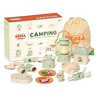 Kids Camping Play Set with Pretend Food Toys, Binoculars, Oil Lantern, Stove, Watch, Storage Bag, Camping Gear Tools, Indoor Outdoor Adventure Toys Gifts for Toddler Boys Girls Age 4 5 6 7 8