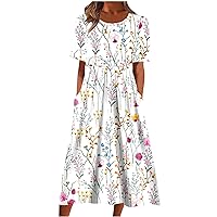 Womens Summer Dresses Casual Round Neck Short Sleeve Dresses Trendy Floral Print Boho Beach Dress Pleated Flowy Dress