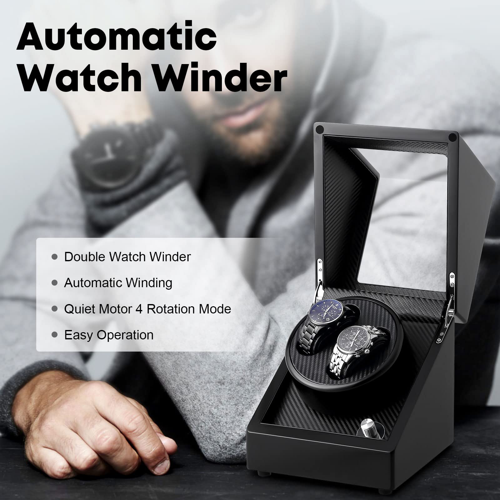 Uten Automatic Double Watch Winder Box, Luxury Wooden Storage Case for Mechanical Watch Winder with Quiet Motor 5 Rotation Mode, Black.