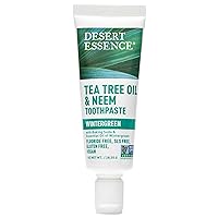 Desert Essence Tea Tree Oil & Neem Toothpaste Travel Size, Wintergreen Mint, 1 oz - Flouride Free, Gluten Free, Vegan, Non-GMO - Neem, Baking Soda, Tea Tree Oil - Healthy Teeth & Gums, Fresh Breath