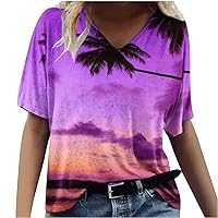 Warehouse Deals Clearance Open Box Women V Neck Tshirt Oversized Beach Palm Printing Tops Casual Trendy Workout Shirts 2024 Loose Fit Tunic Blouses Ruffle Neck Tops For Women