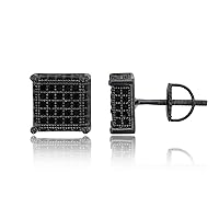 Sterling Silver Black Polished 9mm Micropave Black Cubic Zirconia Prong Square Screw-Back Stud Earring