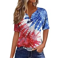 4Th of July Shirts,Women's Summer Tee Print Button Short Sleeve Independence Day Tops V Neck Casual Tops