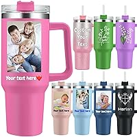 Photo Personalized Tumbler with Handle & Names Custom Sticker Picture 40oz Text Travel Mugs Customized Insulated Stainless Steel Cups with Lid Straw Gifts for Women Men Him Her, Dark Pink