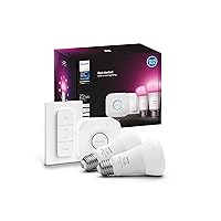 Philips Hue Smart Light Starter Kit - Includes (1) Bridge, (1) Dimmer Switch and (2) 60W A19 LED Bulb, White and Color Ambiance Color-Changing Light, 800LM, E26 - Control with App or Voice Assistant