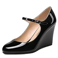 WAYDERNS Womens Patent Round Toe Buckle Fashion Adjustable Strap Mary Jane Dating Wedge High Heel Pumps Shoes 3.3 Inch