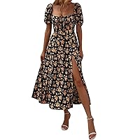 Bonkwa Women Slit Dresses Floral Midi Dress Short Puff Sleeve Square Neck Summer Dress Ruched Bust Casual Dress with Zip Back