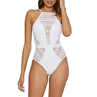 BECCA Women's Color Play Crochet One Piece Swimsuit, High Neck, Bathing Suits