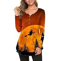 XHRBSI 2023 Women Blouse Women's Fashion Casual Long Sleeve Halloween Buttons Print Round-Neck Pullover Top Blouse