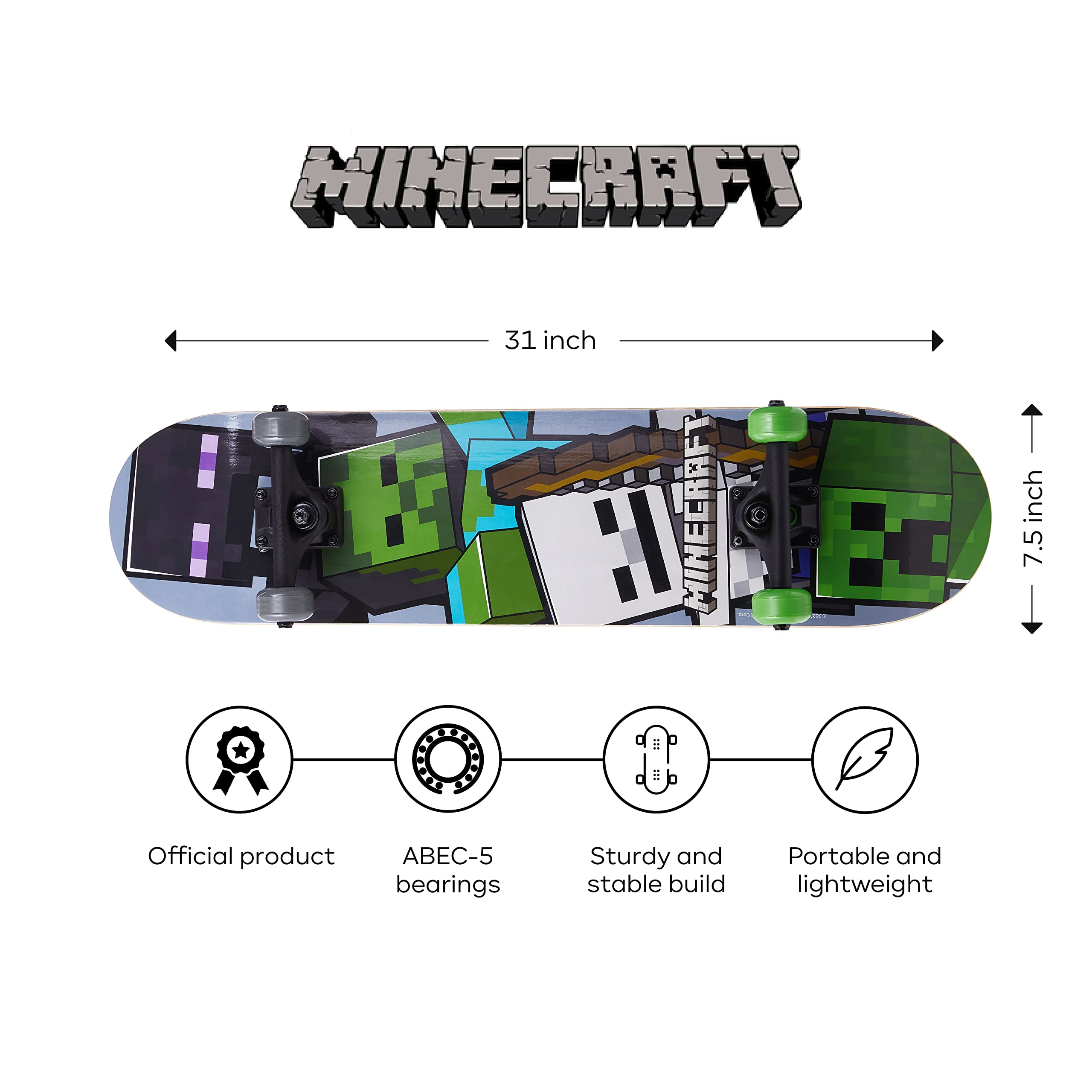 Minecraft 31 inch Skateboard, 9-ply Maple Deck Skate Board for Cruising, Carving, Tricks and Downhill