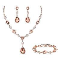 Clearine Gemstone Diamante Teardrop Wedding Bridal Costume Statement Y-Necklace Dangle Pierced Earrings Tennis Bracelet Set for Women
