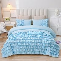 Holawakaka Light Blue Waterfall Ruffle Comforter Set Twin Size Multi-Layers Ruffled Shabby Chic 3PCS Bedding Set for Girls Women