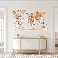 3D Wood World Map Wall Art Large Wood Wall Décor Housewarming Gift Idea Wood Wall Art World Travel Map For Home & Kitchen or Office (Large, Light)