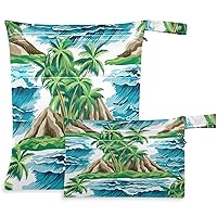visesunny Coconut Tree Island Blue Sea 2Pcs Wet Bag with Zippered Pockets Washable Reusable Roomy for Travel,Beach,Pool,Daycare,Stroller,Diapers,Dirty Gym Clothes, Wet Swimsuits, Toiletries
