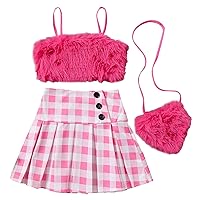 Baby with Blanket Summer Toddler Girls Sleeveless Solid Colour Tops Plaid Skirt Bag Three Piece (Hot Pink, 5-6 Years)