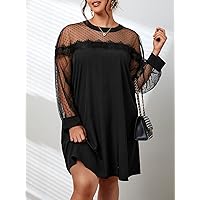 Plus Women's Dress Plus Contrast Dobby Mesh Contrast Lace Dress (Color : Black, Size : 3X-Large)