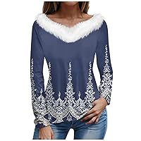 Womens Blouses Vacation Christmas Xmas Tunic Tops Casual Long Sleeve Sweatshirt Crewneck Loose Fit V Neck Pullovers