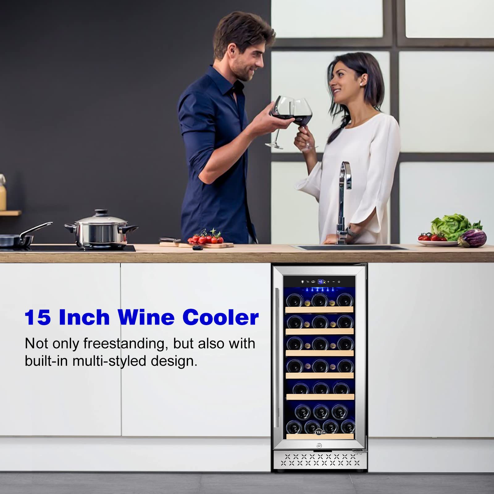 Tylza 15 Inch Wine Cooler Under Counter, 30 Bottle Built-in Wine Fridge with Stainless Steel Tempered Glass Door, Temp Memory Function, Freestanding Fast Cooling Wine refrigerator, Quiet Operation