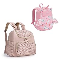 mommore Toddler Backpack Bundle with Diaper Bag Small Diaper Backpack, 3D Cartoon Unicorn Backpack with Kids Leash, Stylish Mommy and Toddler Baby Travel Backpacks, Pink