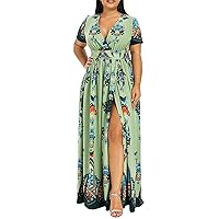 Plus Size Dresses for Women,2023 Summer Trendy Floral Wrap Chiffon Dress,Caual Flowy Ruched Boho Beach Dress