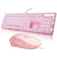 Retro Pink Typewriter-Style Keyboard and Mouse Combo, Cute Light Up Wired Mechanical Keyboard With Linear Red Switches, Full Size for Gaming, Work, Mac, PC, Windows