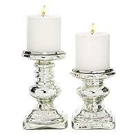 Deco 79 Glass Handmade Turned Style Pillar Candle Holder with Faux Mercury Glass Finish, Set of 2 9