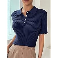 Women's Knitted Tops Polo Neck Ribbed Knit Top Knitted Tops (Color : Navy Blue, Size : Large)