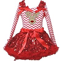 Petitebella Reindeer Face Red White Chevron L/s Shirt Red Sequins Skirt Set 1-8y