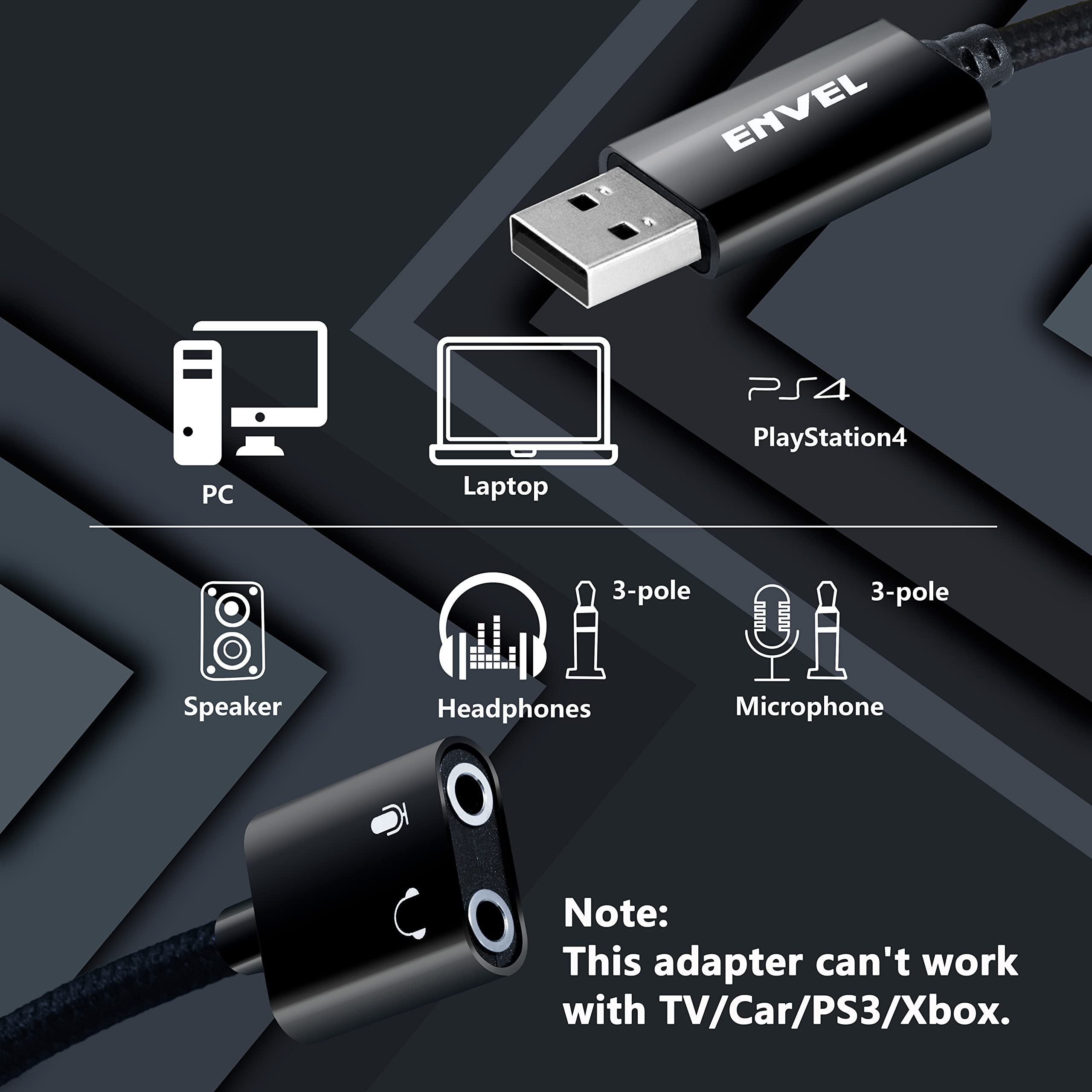 ENVEL USB to 3.5mm Audio Adapter,External Stereo Sound Card with Dual TRS 3-Pole 3.5mm Headphone and Microphone Jack for PS4/PS5/PC/Laptop, Built-in Chip Mic-Supported Headphone Adapter (Black Pro)