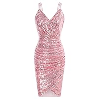 GRACE KARIN Women's Sexy Sequin Sparkly Glitter Ruched Party Club Dress Spaghetti Straps Wrap V-Neck Bodycon Dress