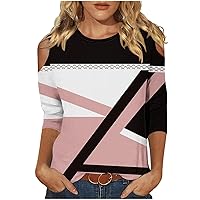 3/4 Sleeve Tops Women Crewneck Cute Shirts Casual Geometry Print Trendy Top Three Guarter Length T Shirt Summer Pullover