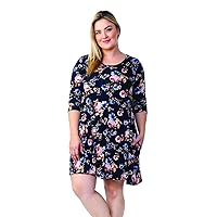 Women's Plus Size Casual 3/4 Sleeve Floral Dress (2X, Navy)