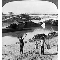 Vietnam Mekong River Nboats On The Mekong River In Saigon With A Bridge Above And Two Boys And Two Horses On The Shore Cochinchina Vietnam Stereograph C1915 Poster Print by (18 x 24)