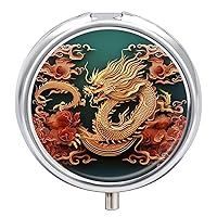 Dragon Chinese Background Pill Box Pill Container Holder 3 Compartment Metal Pill Organizer Travel Medicine Organizer Portable Pill Box for Pocket to Hold Pills Vitamin