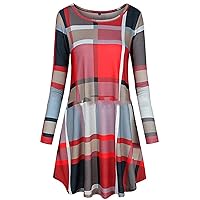 Andongnywell Women's Plaid Long Sleeve Round Neck Dress Loose Swing Casual Dress with Pockets Knee Length