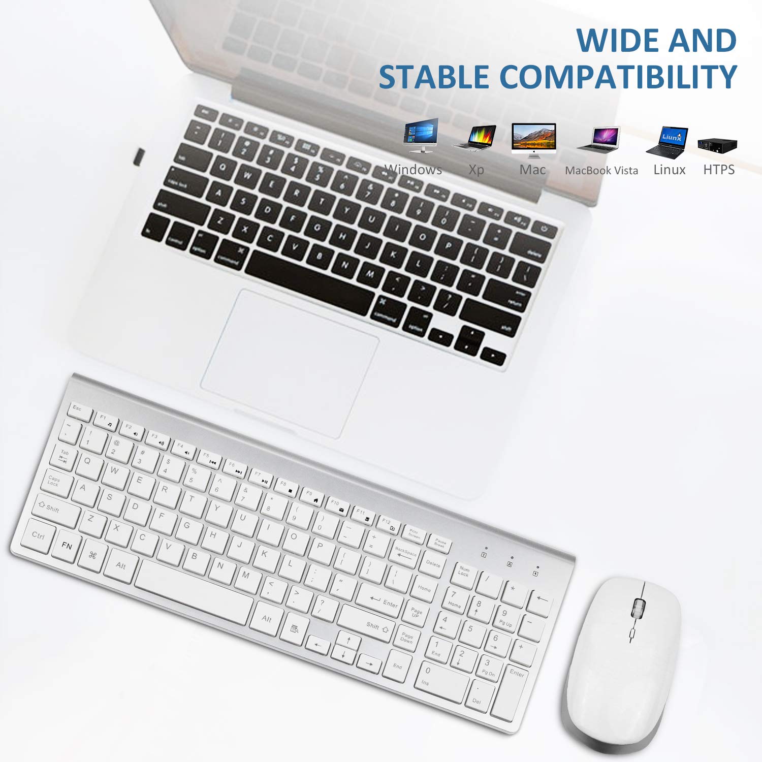 Wireless Keyboard and Mouse - FENIFOX USB Slim 2.4G Wireless Keyboard Mouse Combo Full-Size Ergonomic Compact with Number Pad for Laptop PC Computer Windows mac- Silver White