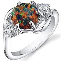 PEORA Created Black Fire Opal Ring for Women 925 Sterling Silver, Stunning Three Stone Design, 1.75 Carats Round Shape 8mm, Sizes 5 to 9