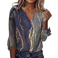 3/4 Tops for Women Relaxed Fit V Neck Shirt Trendy Three Quarter Sleeve Shirts Summer Casual Tunics Print Blouses