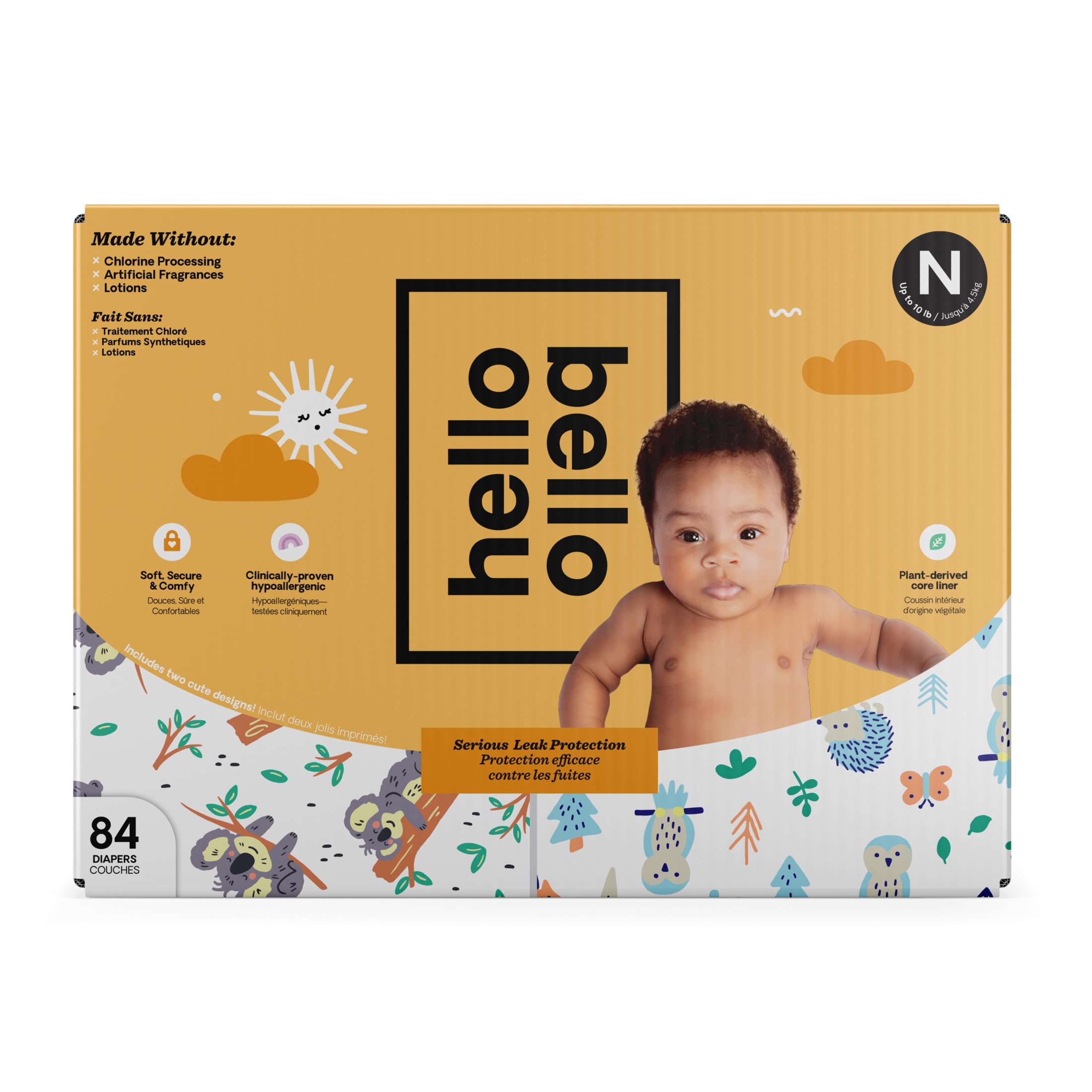 Hello Bello Diapers, Size NB (Up to 10 lbs) - 84 Count of Premium Disposable Baby Diapers in Woodland Animals & Koala Kids Designs - Hypoallergenic with Soft, Cloth-Like Feel