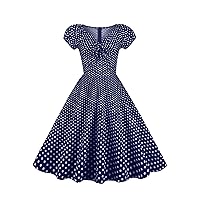 EFOFEI Women Tie Front 50s 60s Vintage Dress Short Sleeve V-Neck Swing Dress Polka Dot Prom Party Midi Dress