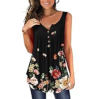 Lady Fashion Plus Size Floral Graphic Tunic Vest Tops Sleeveless Button V Neck Casual Loose Fit Lightweight Blouse